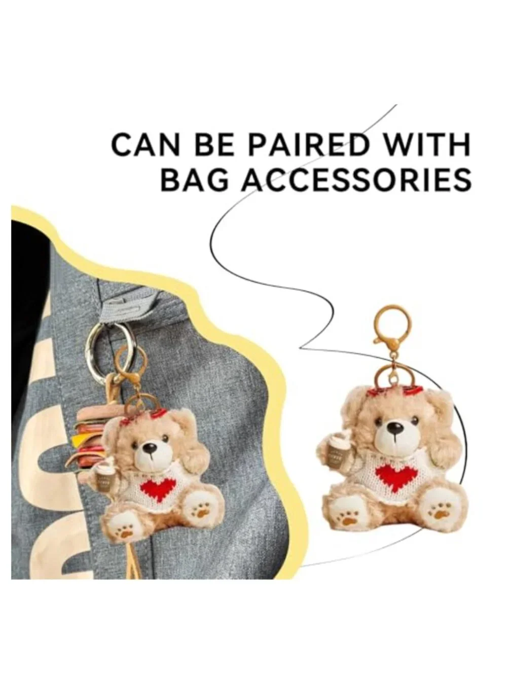 Plush Bear Charm Keychain Kawaii, Bag Charms for Women Girls, Cute Key Ring